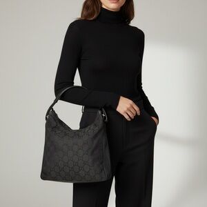 GUCCI GG Monogram Black Shoulder Bag Handbag Nylon Leather Trim Medium Zip Logo